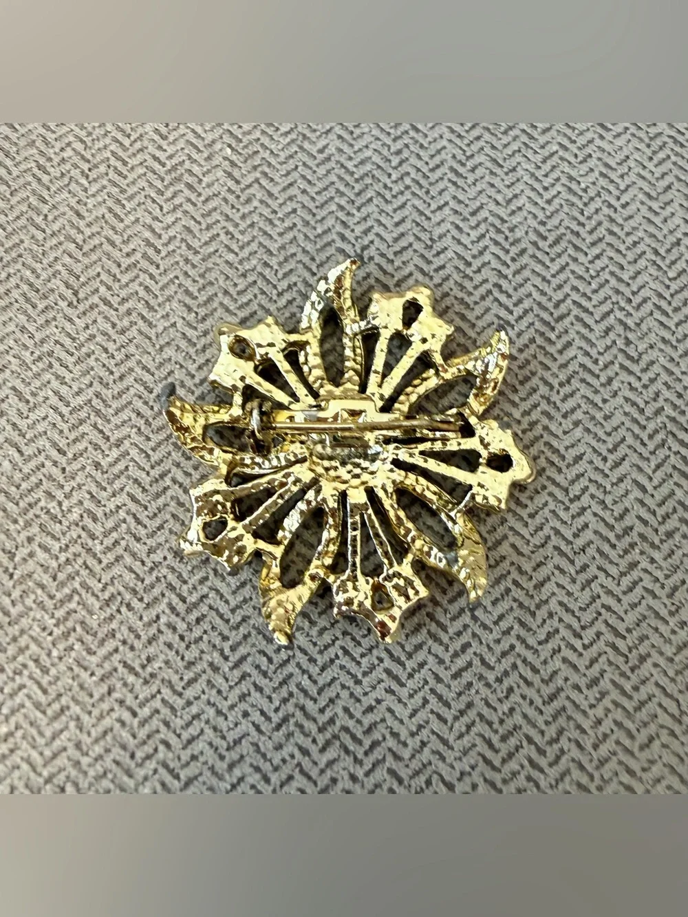 Vintage Gold Floral Crystal Brooch - Blue Accent